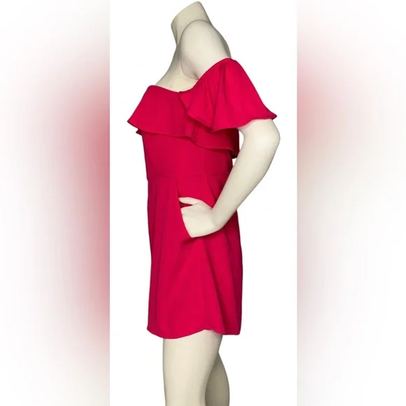 NWOT. SHINESTAR Pink Off Shoulder Flounce Sleeve Romper With Pockets - Picture 8 of 14